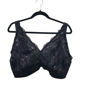 Glamorise #7013 Lace Plunge Wirefree Bralette Black Unlined Full Figure Bra 44DD